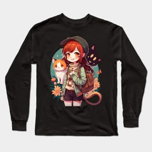 Cute Girl & Cats Kawaii Anime Orange and Black Cat Lovers Long Sleeve T-Shirt